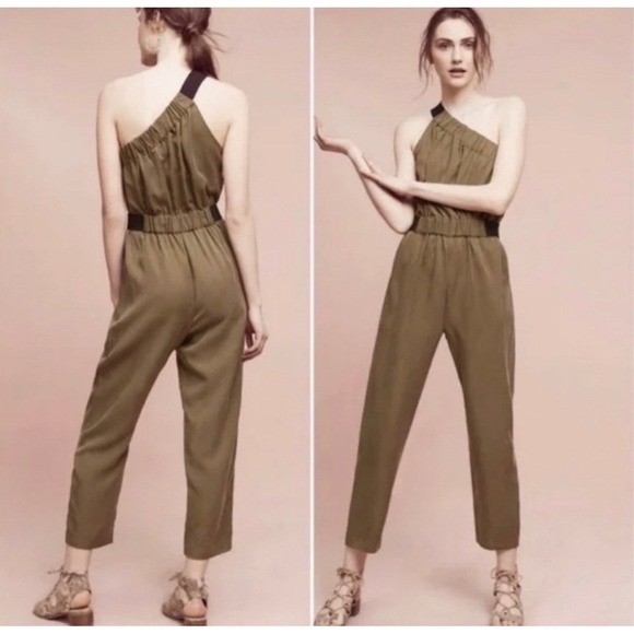Maeve Pants - Maeve Anthropologie Verano Olive‎ One Shoulder Jumpsuit Cropped Women's Size 10